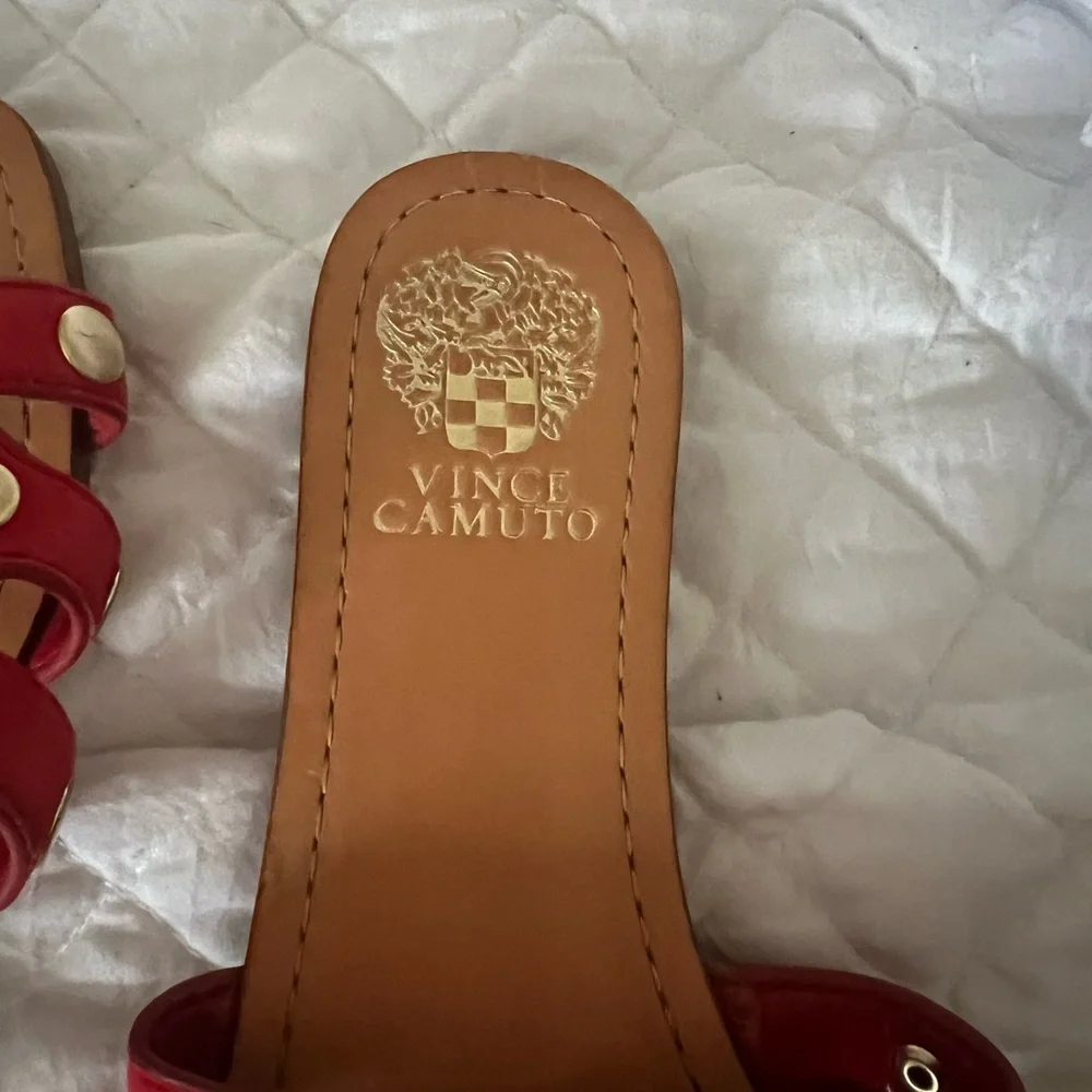 Vince Camuto Red Braided Leather Slide Sandals with Gold Studs - Picture 3 of 5